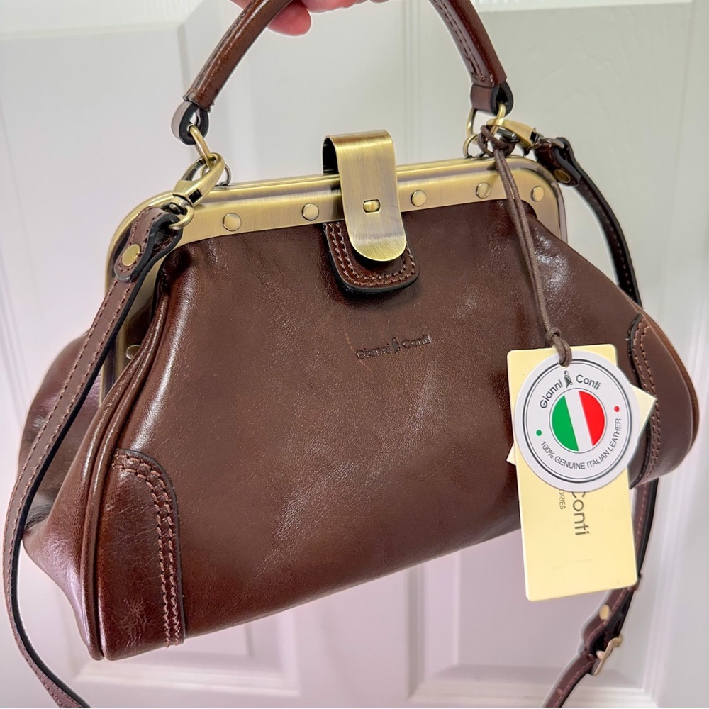 Gianni Conti Doctor Handbag | Brown Leather & Brass | NWT - Picture 3 of 16